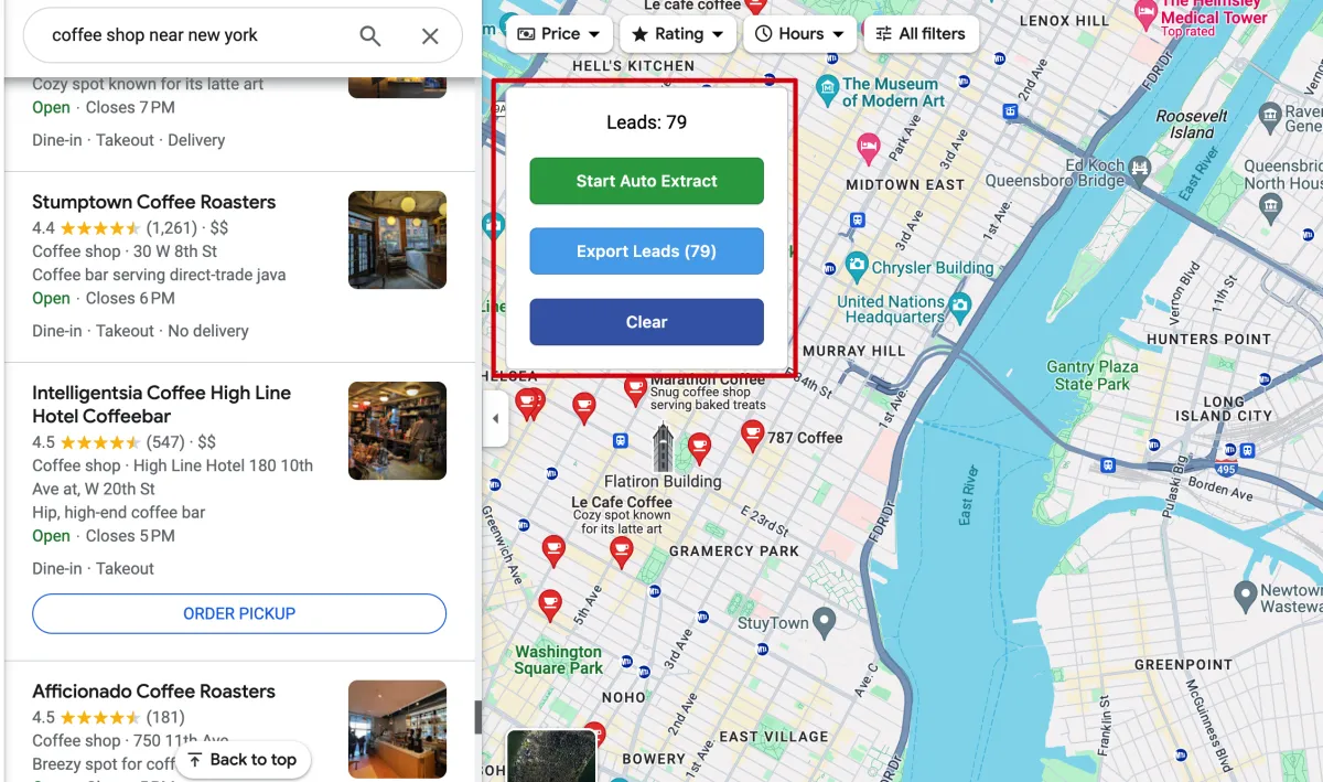Leads Scraper extracting coffee shops from a Google Maps search, showing a lead count of 79 with Start Auto Extract and Export Leads buttons